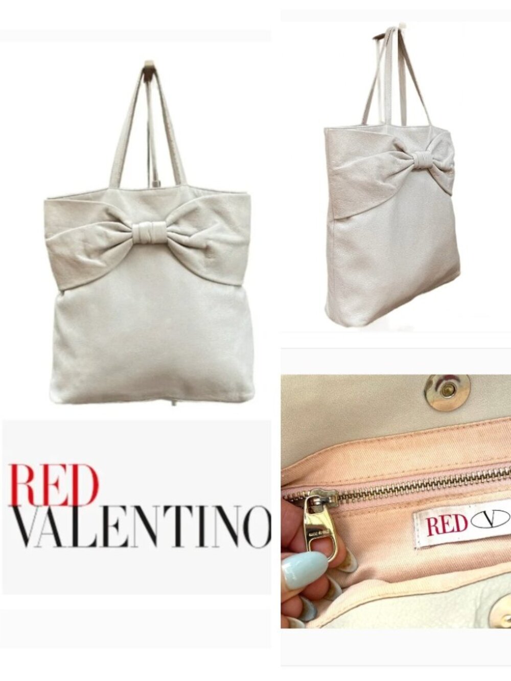 Auth Red Valentino Ribbon soft leather white tote bag